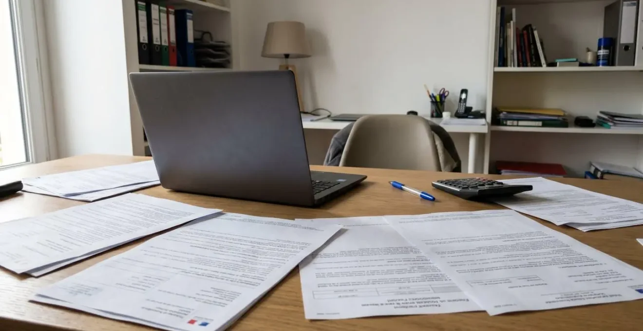 Bureau contemporain avec documents de comptes d'investissement et formulaires fiscaux éparpillés, ordinateur portable fermé, lumière naturelle de fenêtre