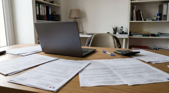 Bureau contemporain avec documents de comptes d'investissement et formulaires fiscaux éparpillés, ordinateur portable fermé, lumière naturelle de fenêtre