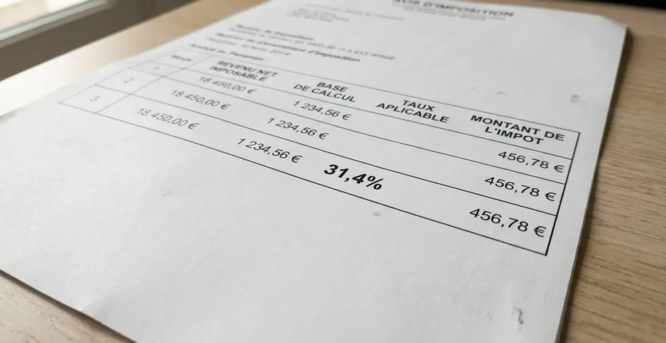 Gros plan sur un avis d'imposition français montrant des pourcentages et des montants en euros, mise au point sur les données chiffrées, texture papier blanc visible