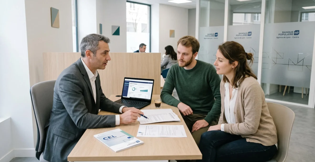 Conseiller Banque Populaire expliquant le fonctionnement du CEL à un jeune couple dans une agence bancaire moderne, documents et écran d'ordinateur sur le bureau