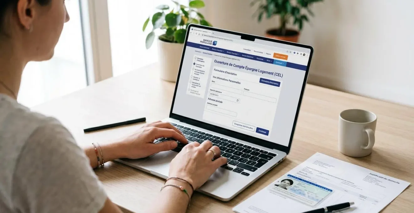 Écran d'ordinateur affichant le formulaire d'ouverture de CEL en ligne sur le site Banque Populaire, avec documents administratifs sur le bureau