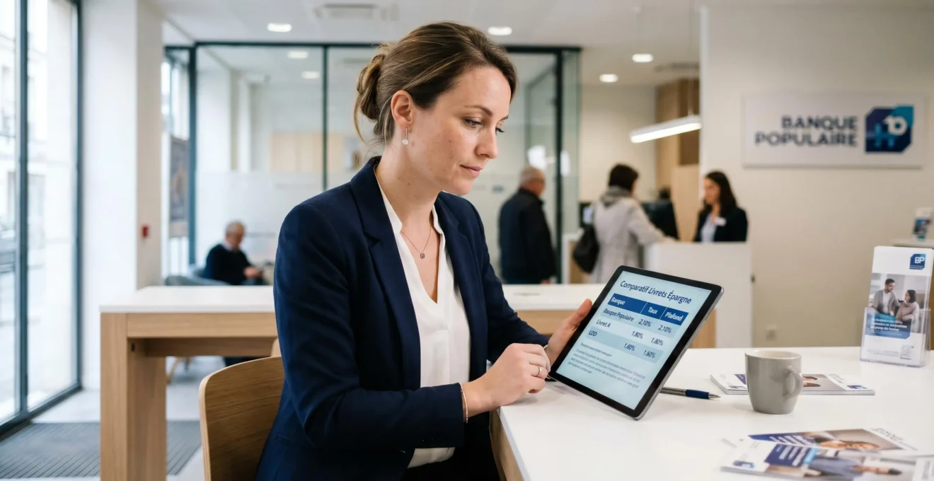 Femme consultant une tablette affichant un tableau de comparaison de taux d'épargne dans une agence Banque Populaire