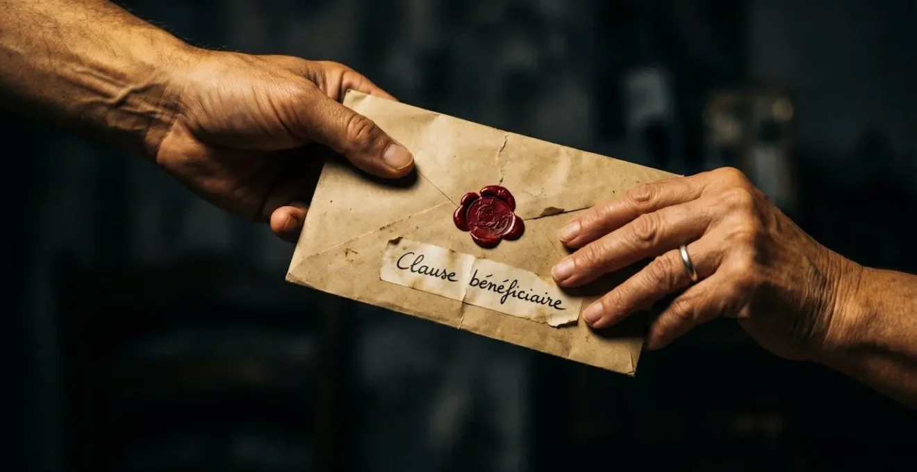Gros plan de deux mains se transmettant une enveloppe kraft ancienne cachetée, portant l'étiquette manuscrite 'Clause bénéficiaire', éclairage dramatique