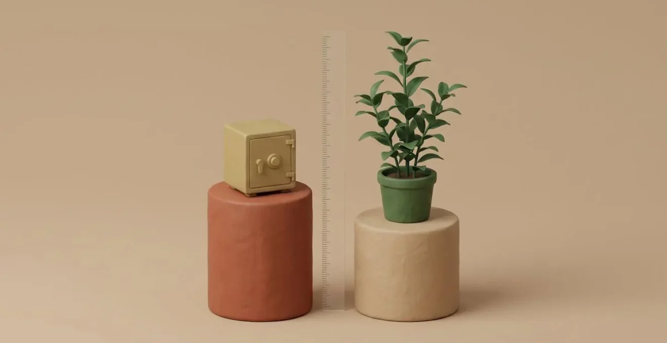 Illustration 3D minimaliste montrant deux socles en argile : l'un avec un coffre-fort doré, l'autre avec une plante verte, reliés par une règle montrant une différence de hauteur