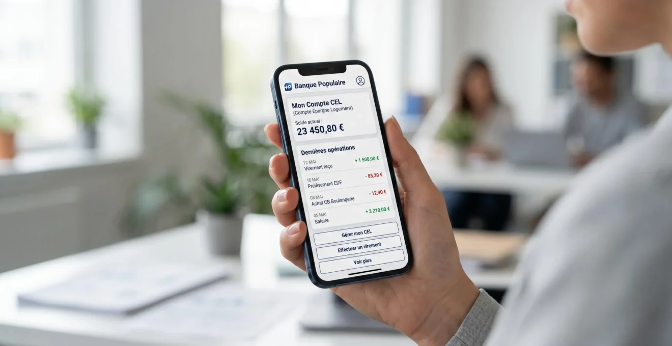 Main tenant un smartphone affichant l'application Banque Populaire avec le solde d'un compte CEL et l'historique de transactions