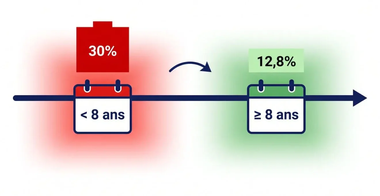 Schéma timeline montrant la différence de fiscalité assurance vie : zone rouge pour retraits avant 8 ans (30%), zone verte pour retraits après 8 ans (12,8%)