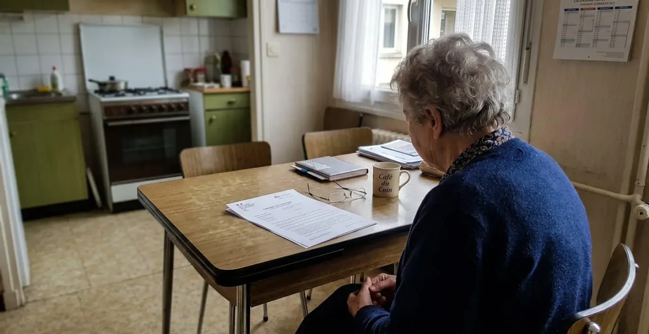 Vue aérienne d'une table en bois avec pièces d'or empilées à gauche, documents administratifs français à droite, et boussole vintage en laiton au centre