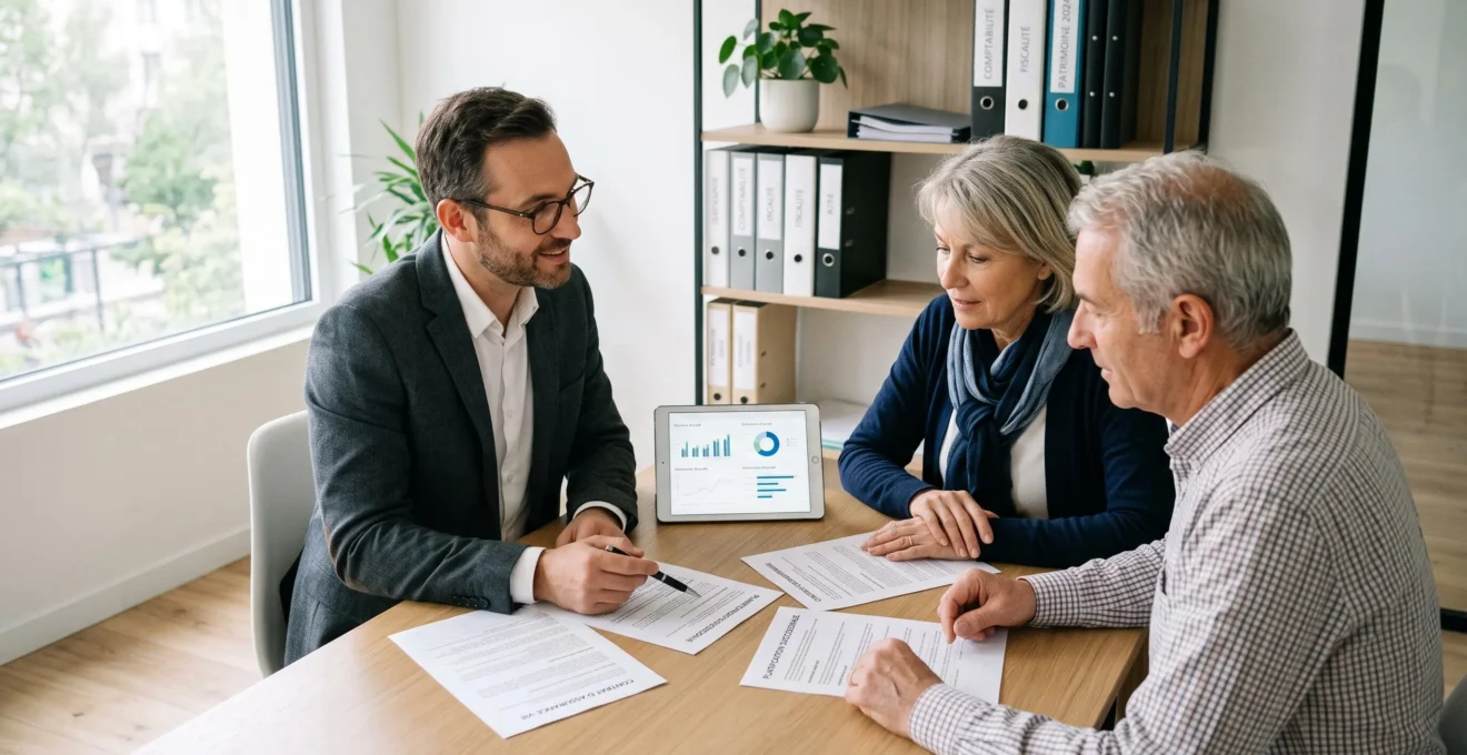 Conseiller financier présentant des documents de planification successorale à un couple de clients seniors dans un bureau lumineux en France