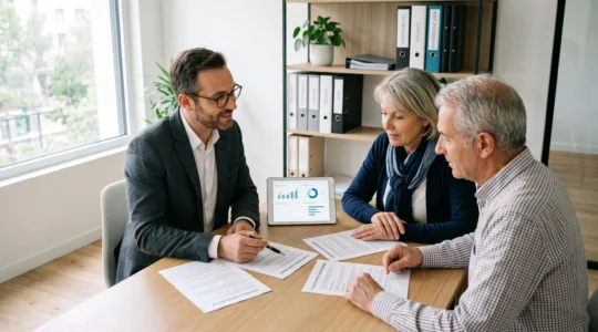 Conseiller financier présentant des documents de planification successorale à un couple de clients seniors dans un bureau lumineux en France