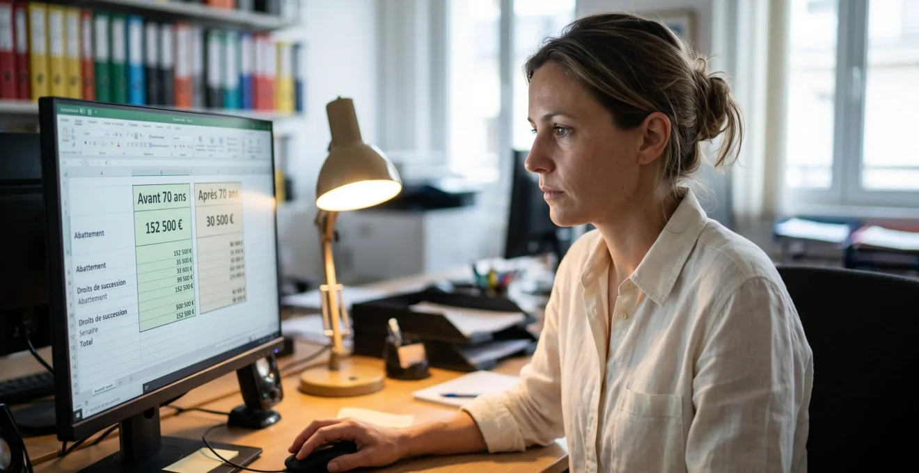 Gestionnaire de patrimoine analysant un tableau comparatif fiscal assurance vie affichant les abattements avant et après 70 ans sur son écran professionnel