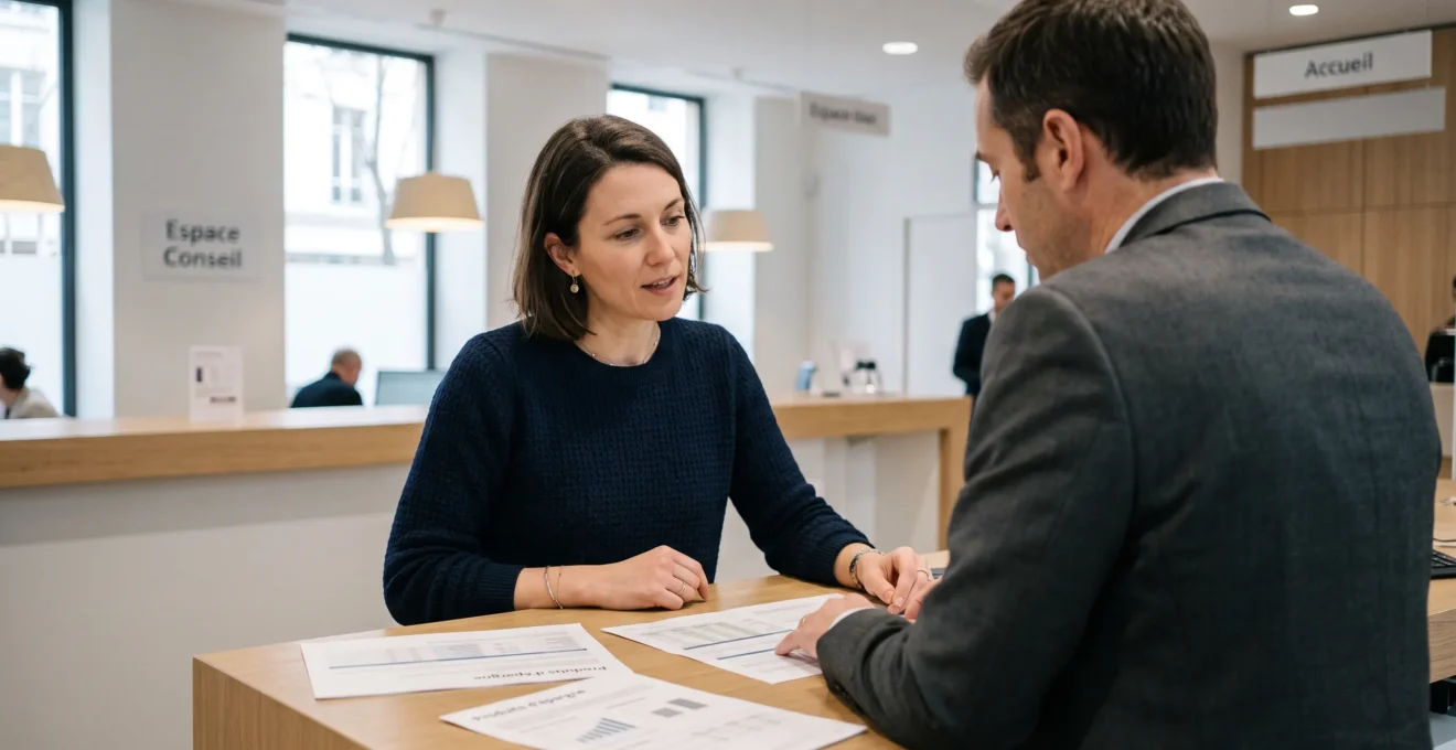 Woman consulting with bank advisor at counter inside French bank branch