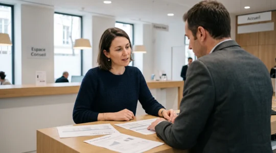Woman consulting with bank advisor at counter inside French bank branch