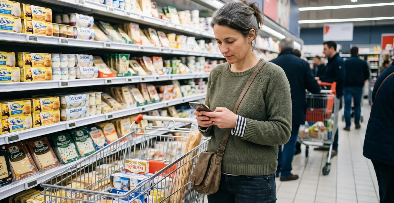 Woman checking mobile banking app while shopping in French supermarket