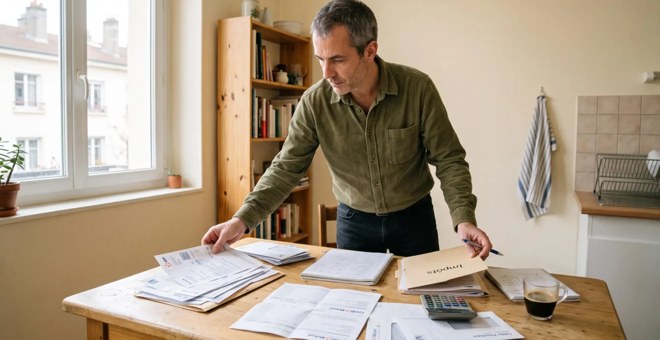 Man organizing personal financial documents at home table